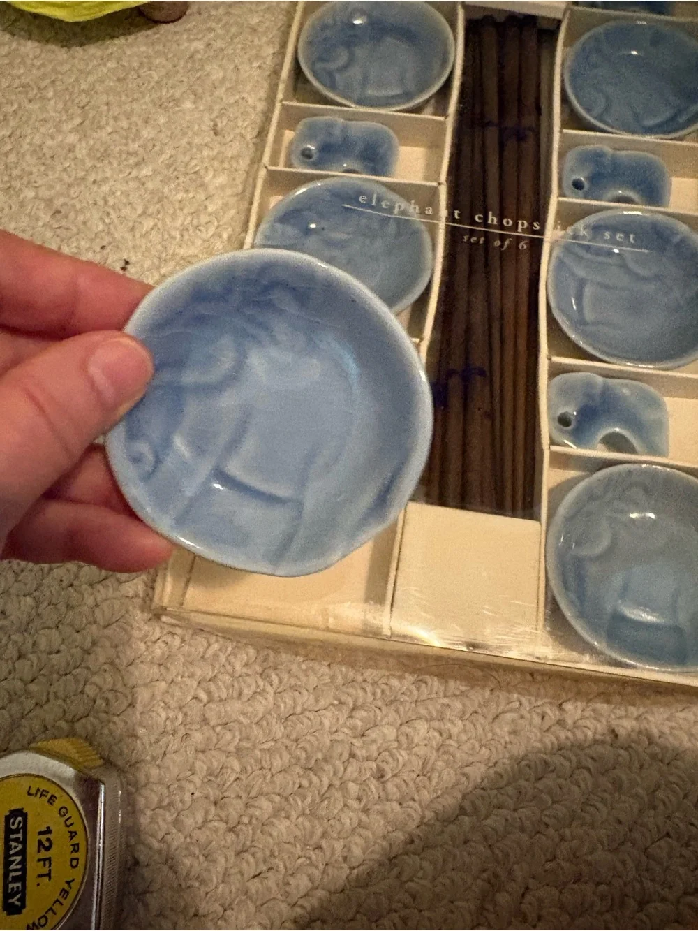 Elephant Chopstick Set - Blue Ceramic Appetizer Plates & Holders (Set of 6) nwt